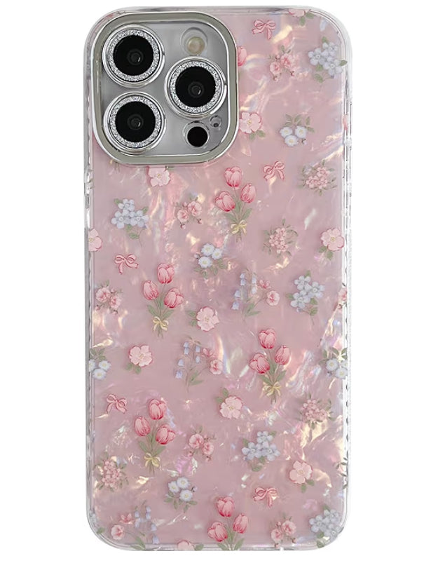 Cute Tulip Flowers Bow Shell Pattern Phone Case Compatible with iPhone Case (Pink,for iPhone 16 Pro)