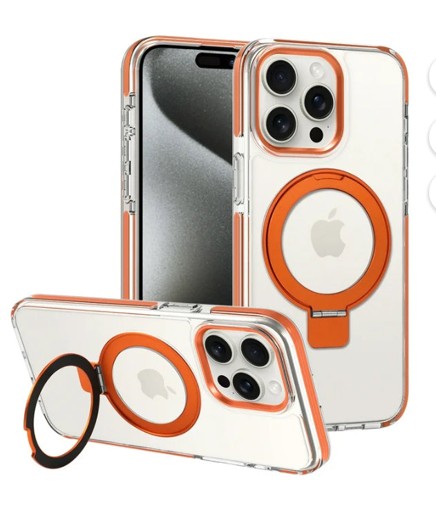 iPhone 15 Pro Case with Magnetic Ring Stand, Compatible with Magsafe Clear Military Drop Protection Phone Stand Shockproof Case Cover, Orange