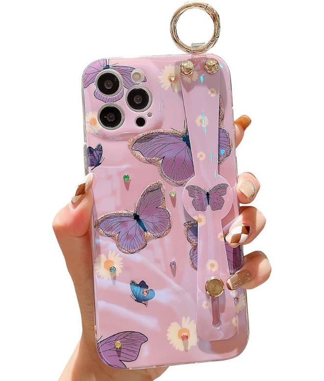 iPhone 16 Pro Case with Stand Handle Wrist Strap Kickstand Glitter Bling Cute