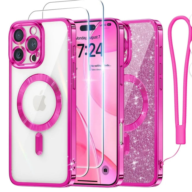 Meifigno Magnetic Case for iPhone 16 Pro Max 6.9 inch, with 2X Screen Protector, with Glitter Card & Wrist Strap, Hot Pink