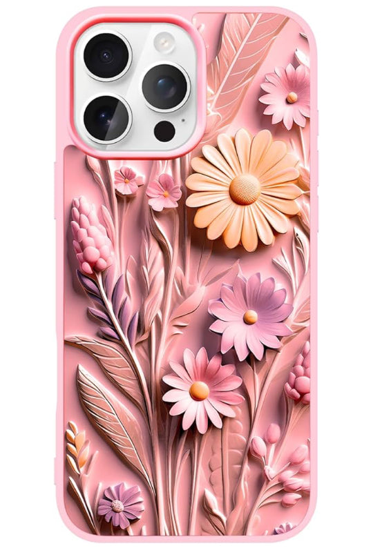 16 Pro, Pink Floral Embossed Phone Case